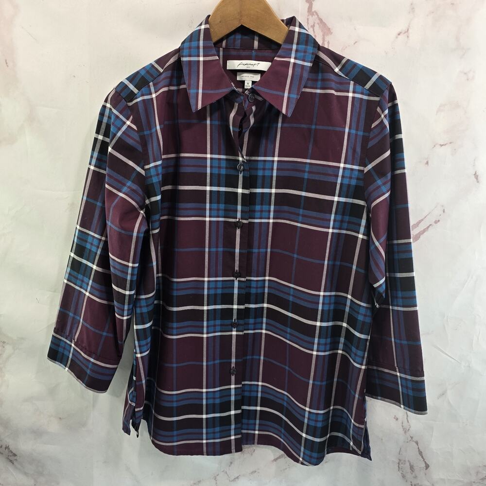 Foxcroft Shirt Womens 10 Burgundy Maroon Blue Plaid Button Wrinkle Free Non Iron